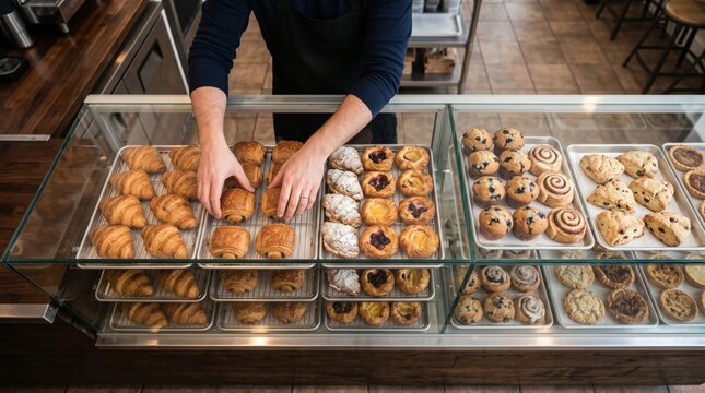Baker hands arranging fresh croissants and muffins in a glass display case perfect for bakery website, cafe marketing, and food service branding
