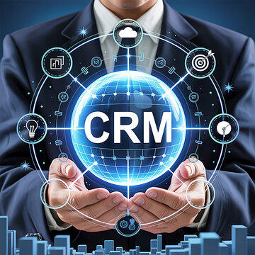 Digital hands presenting a glowing CRM system, symbolizing integrated customer relationship management solutions for modern business and global technology connectivity