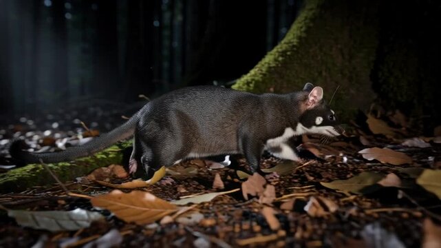 Australian animals A nocturnal animal, possibly a possum or a marsupial, forages on a forest floor covered in fallen leaves. Australian fauna