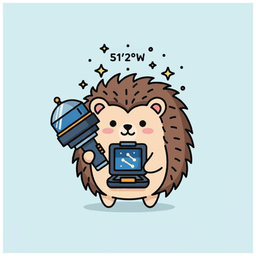 Cute Hedgehog Character Holding a Lighthouse and Laptop with Coordinates.