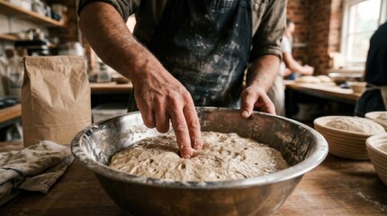 Fototapeta premium Baker hands kneading fresh bread dough in a professional bakery kitchen, perfect for culinary websites, organic food branding, and corporate presentations on craft