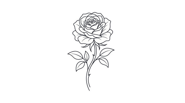 Elegant Rose Outline Drawing, Single Flower with Leaves, Vector Art
