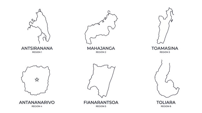 Madagascar Regions Outline Maps - Antsirananana, Mahajanga, Toamasina, Antananarivo, Fianarantsoa, Toliara