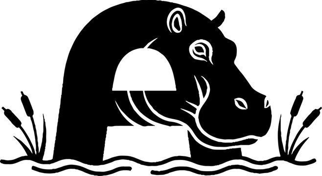Black and white illustration of a hippopotamus in water.