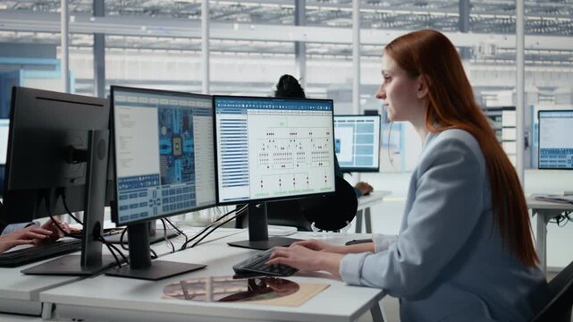 Woman analyzing PCB architecture with PC software close up in semiconductor factory office, monitoring microchip parts fabrication operations, computer and female engineer in R&D workspace.