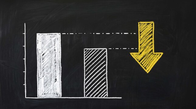 "Chalk bar graph on blackboard with yellow arrow declining showing business performance drop and economic downturn concept"