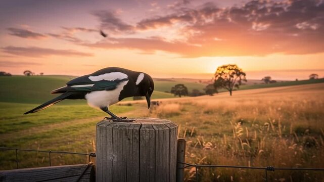 Australian animals A solitary magpie perched on a wooden fence post surveys a serene countryside landscape at sunrise. The sky ablaze with vibrant hues of orange and pink. Australian fauna