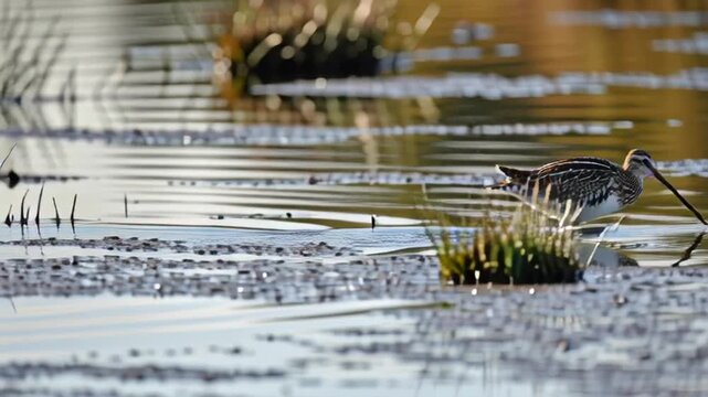 Australian animals A solitary snipe bird with a long beak navigates a shallow wetland, its reflection shimmering on the water's surface amidst reeds and grasses. Australian fauna