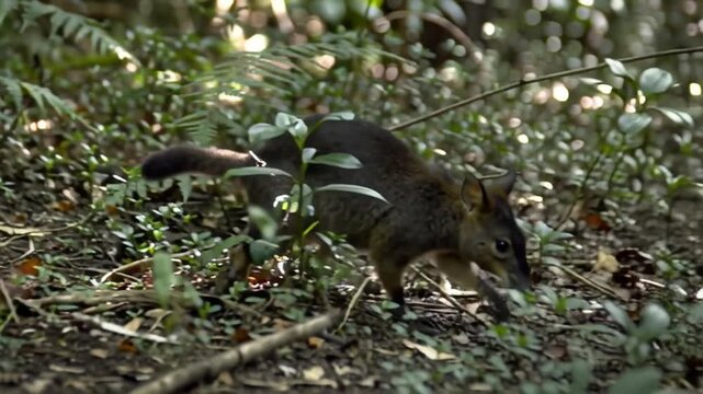 Australian animals A small, brown marsupial with a long tail and pointed snout navigates its way through a dense, green forest floor. Australian fauna