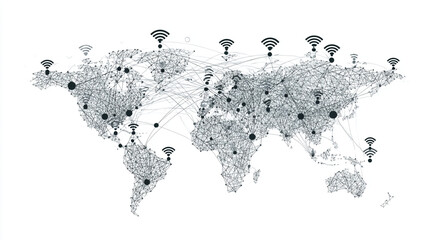 Obraz premium Abstract technology white background. Earth network with glowing nodes and net lines business connection of lines from nodes It is connected to endless nodes and represents the innovation of communica