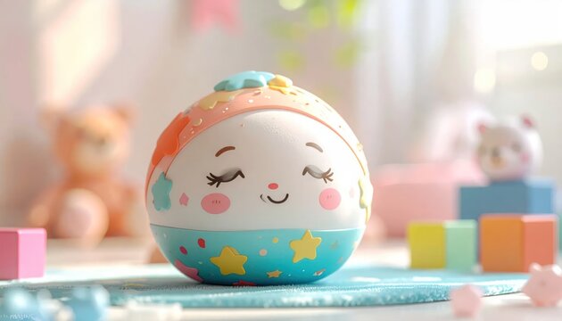 Cute roly-poly nesting doll toy in soft nursery light.