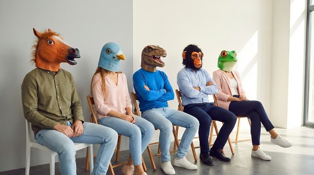 Five people wearing animal masks of a horse pigeon dinosaur monkey and frog sit on chairs illustrating diversity individuality or a surreal concept horse mask