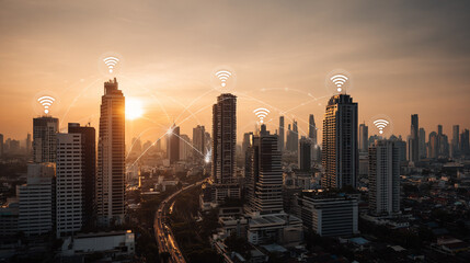 Obraz premium abstract Wifi innovative cyber security network, using interconnected nodes to represent business partnerships on the Smart digital Innovation city with connection network reciprocity over the smart 