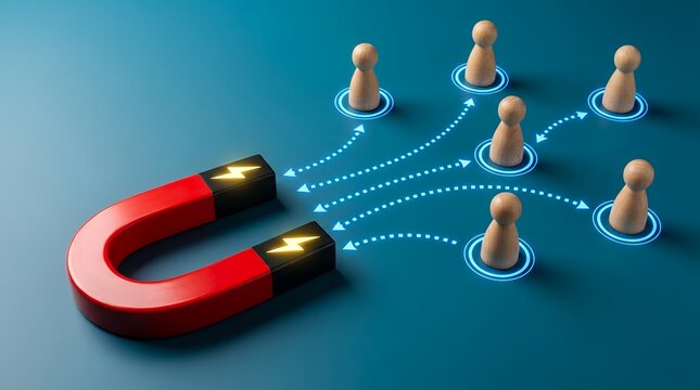 A red horseshoe magnet with yellow lightning bolts attracting small wooden human figures towards it with glowing blue circles attraction recruitment gathering attention drawing