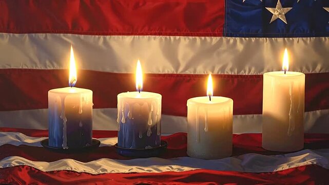 Four burning pillar candles are arranged in front of a patriotic flag