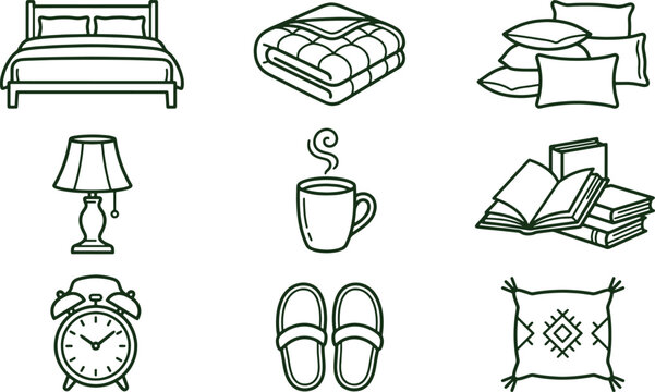 Bedroom and home comfort featuring a bed, folded quilt, pillows, lamp, steaming coffee cup, stack of books, alarm clock, and slippers