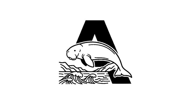 Manatee and Letter A Black and White Logo Design.