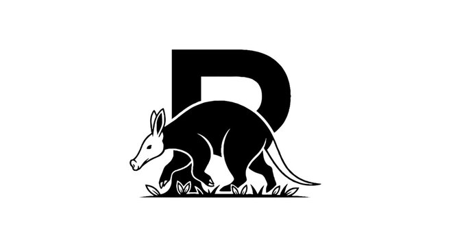Black and white aardvark and letter R logo design.