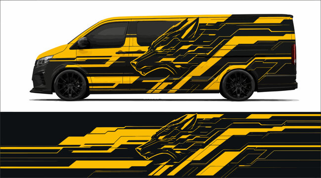 Yellow and black racing van design.