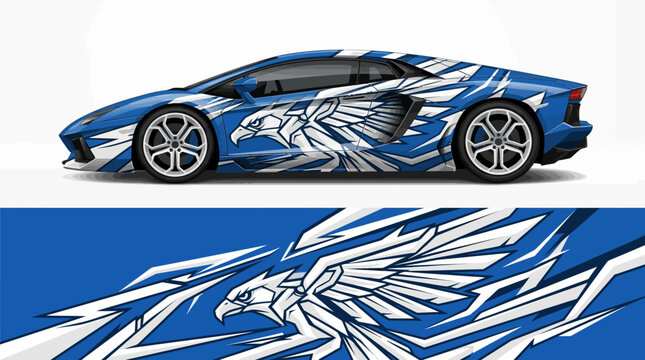 Blue sports car with eagle design.