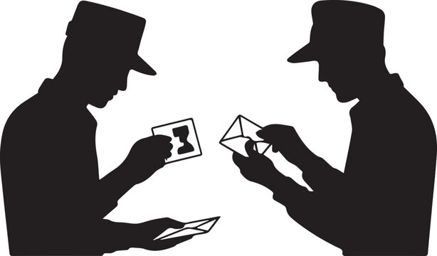Silhouette illustration of two men exchanging identification cards or photos in hats on white background, detective concept in black and white EPS vector graphic