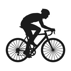 Naklejka premium A sharp black silhouette of a competitive cyclist riding a racing road bike, isolated on a clean white background, perfect for sports graphic design.