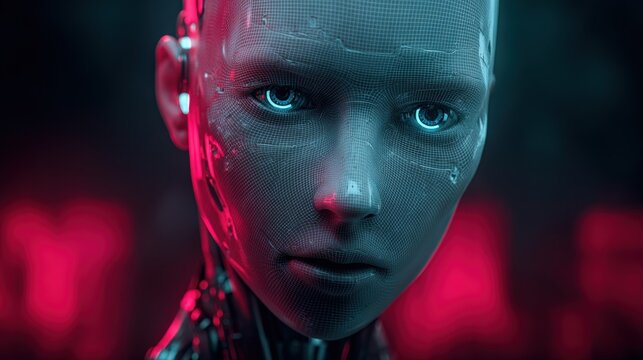 Close-up portrait of a futuristic humanoid robot with glowing blue eyes and a textured metallic face, illuminated by neon pink and blue lights.