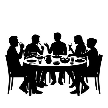 A black silhouette illustration of five diverse friends gathered around a round table, enjoying a lively dinner party and conversation together.