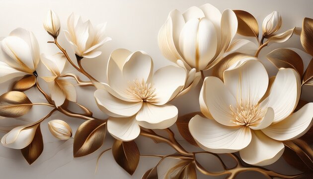 Hyper Realistic D Magnolia Blossom Wallpaper With Ivory Flowers Elegant Minimalist Mural