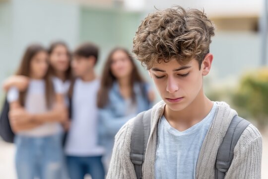 Teenage boy feeling isolated and sad while classmates in background look on disapprovingly