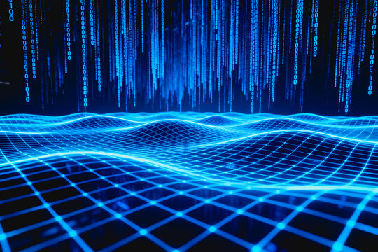 A 3D conceptual visualization of binary data streams flowing over a glowing digital grid, representing modern data technology and virtual cyberspace.