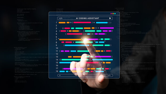 Innovative digital interface featuring an AI coding assistant, showcasing colorful code lines and touch interaction, demonstrating advanced technology in software development. Cyphers