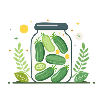 Flat design illustration of pickled cucumbers in a jar