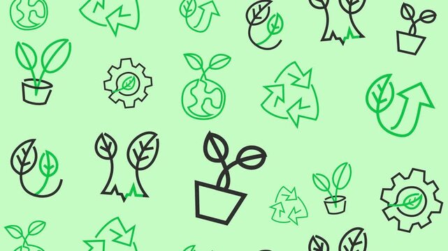 Green ecology and environmental doodle icons seamless pattern for recycling sustainability wallpaper and nature sketches line art backdrop. Seamless looping.