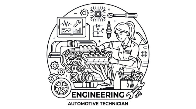 Female Automotive Technician Working on Car Engine with Tools and Diagnostic Screen