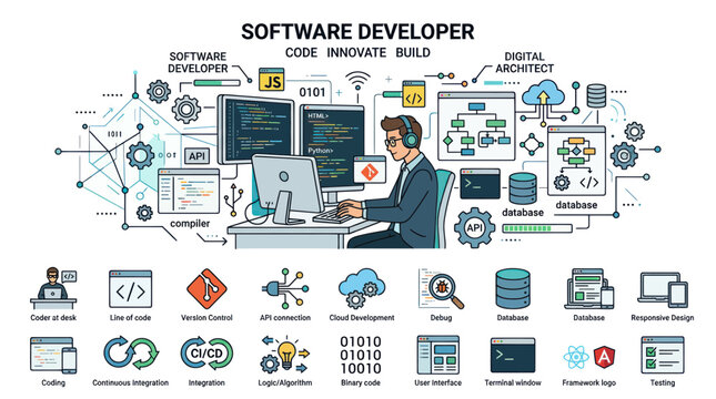 Software Developer Working on Computer, Coding and Programming Concept