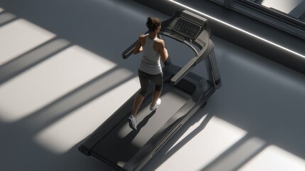 Fototapeta premium Woman running on a modern treadmill in a bright, sunlit gym with abstract shadows