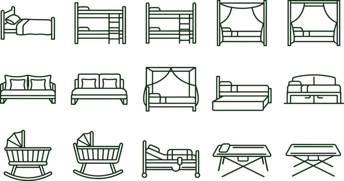 Set of fifteen bedroom furniture including various bed styles, bunk beds, canopy beds, cribs, and folding beds in a line style