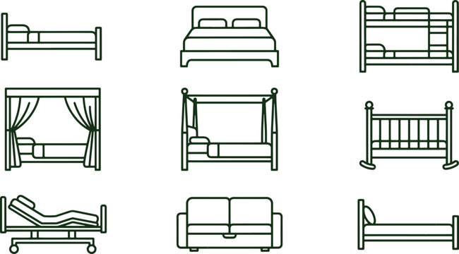 Set of nine bedroom furniture featuring various bed styles, bunk beds, canopy beds, cribs, and a hospital bed in line style