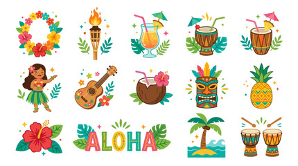 Obraz premium Vibrant Hawaiian luau scene with tropical decorations and drinks on beach