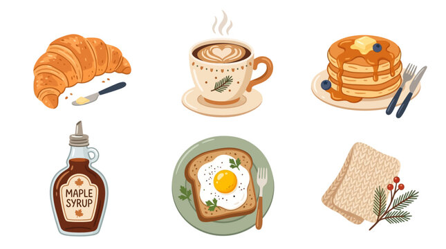 A breakfast spread featuring pancakes, croissants, and other morning favorites on a table indoors.