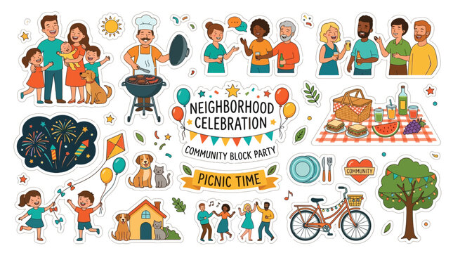 Community block party celebrates neighborhood with food, games, and people having fun together outdoors