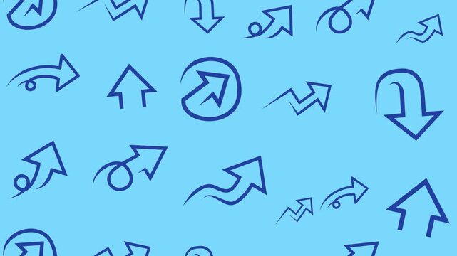 Hand-drawn blue arrow doodle icons seamless pattern in background animation for abstract cartoon pointer navigation wallpaper and growth arrow sketches line art backdrop.