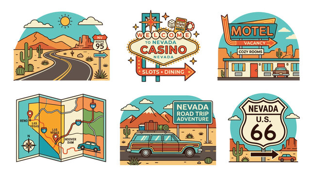 Vintage Route 66 signs and maps on display in a nostalgic travel setting with a car and motel