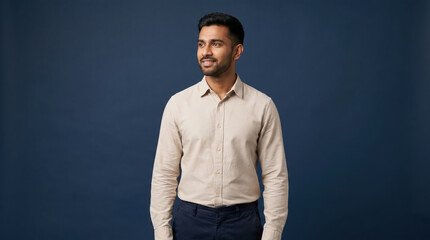Obraz premium Portrait of a handsome, confident young man in a beige buttoned shirt and dark trousers looking away with a smile, isolated on a blue background.