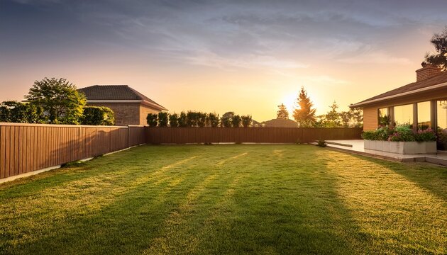 Empty Front Or Back Yard At The Sunset With Copy Space