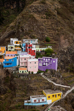Village square with colourful market stalls Santo Antao Cape Verde