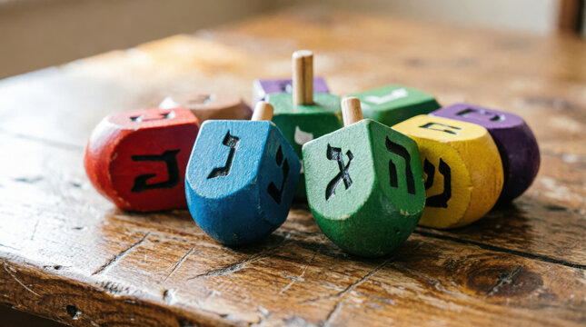Colorful dreidels with hebrew letters on wooden table for hanukkah celebration