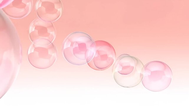 Pink bubbles float gently through the air in a serene environment.