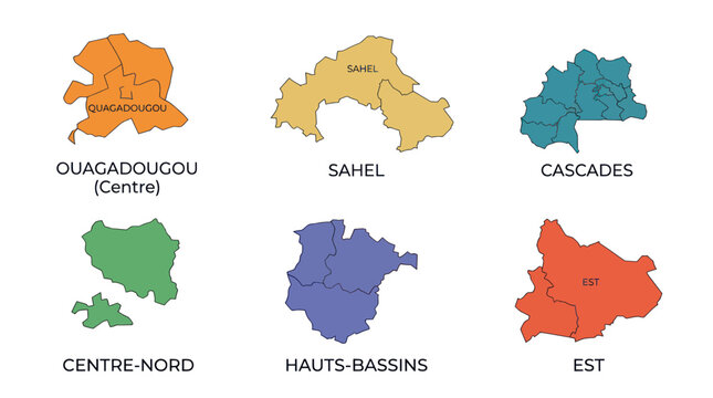 Burkina Faso Regions Map Infographic - Colorful Outline Shapes